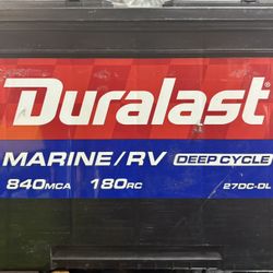 AI Overview    +3 The image shows a Duralast Group Size 27 Marine/RV Deep Cycle Battery 