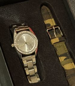 New Silver Watch with Crystal Bezel and Extra Strap
