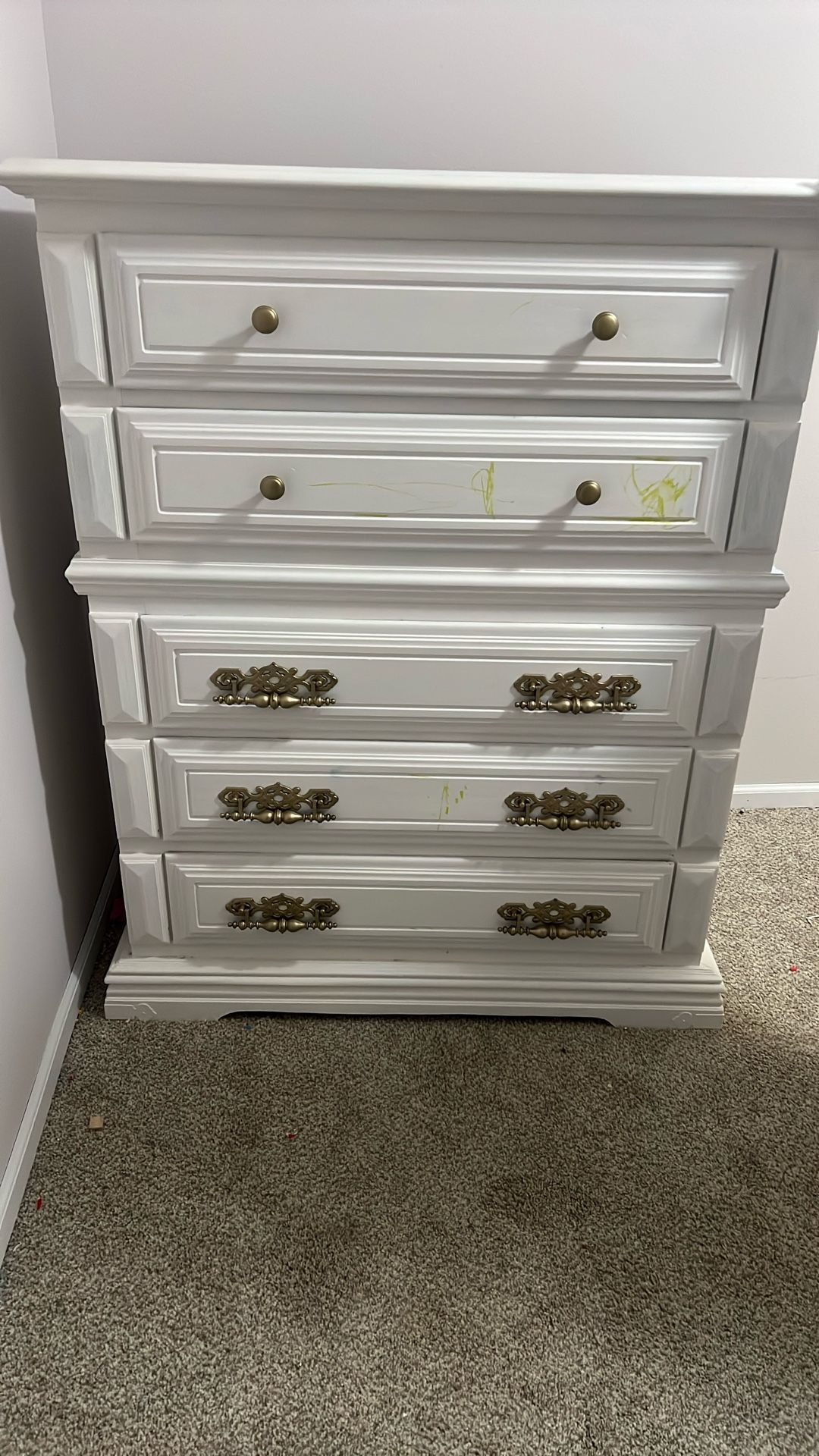 White Dresser, 5 Drawers, Wood