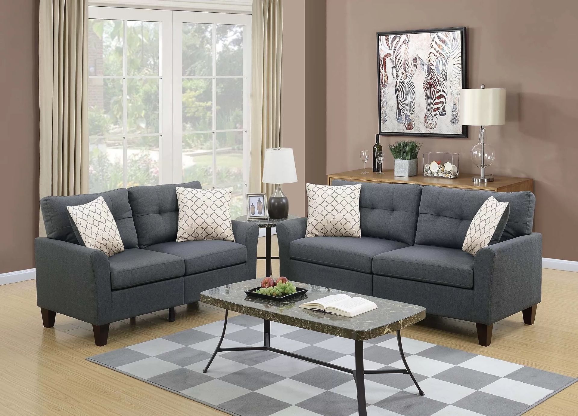 Brand New Two Piece Charcoal Sofa Loveseat Set