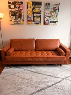 Mid-Century Modern Tan Leather Sofa, 84”, Excellent Condition