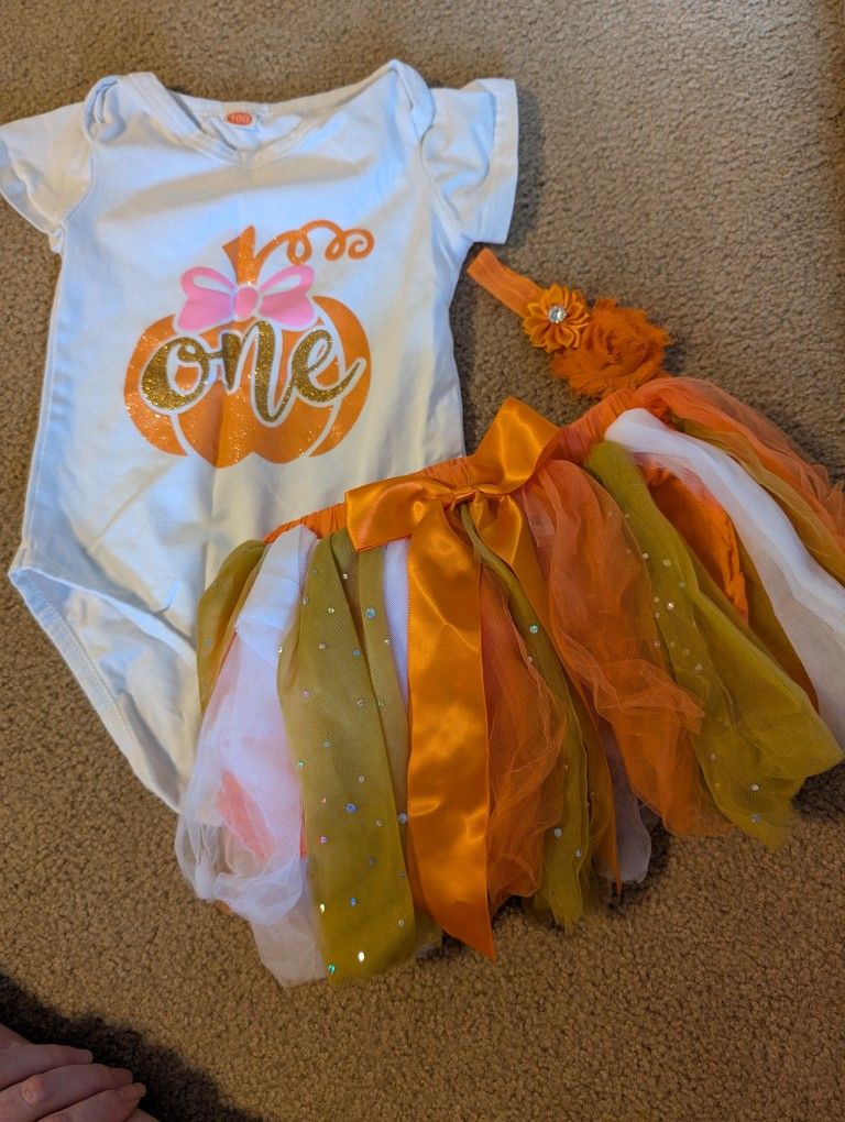 Fall pumpkin one year old baby outfit