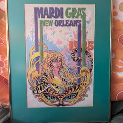 Vintage 1985 New Orleans Framed Poster Of A Masked Tiger Lady
