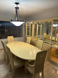 Dinning Table/6chairs And 3pc Cabinet Set mirror and glass shelves