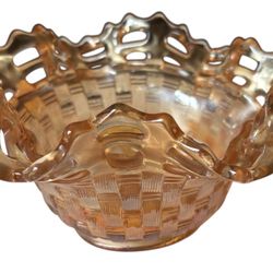 VTG Fenton Carnival Glass Iridescent Marigold Basket Weave Ruffled Edge Art