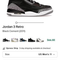 Air Jordan 3 Black Cement Size 11 DS 2011 Release 