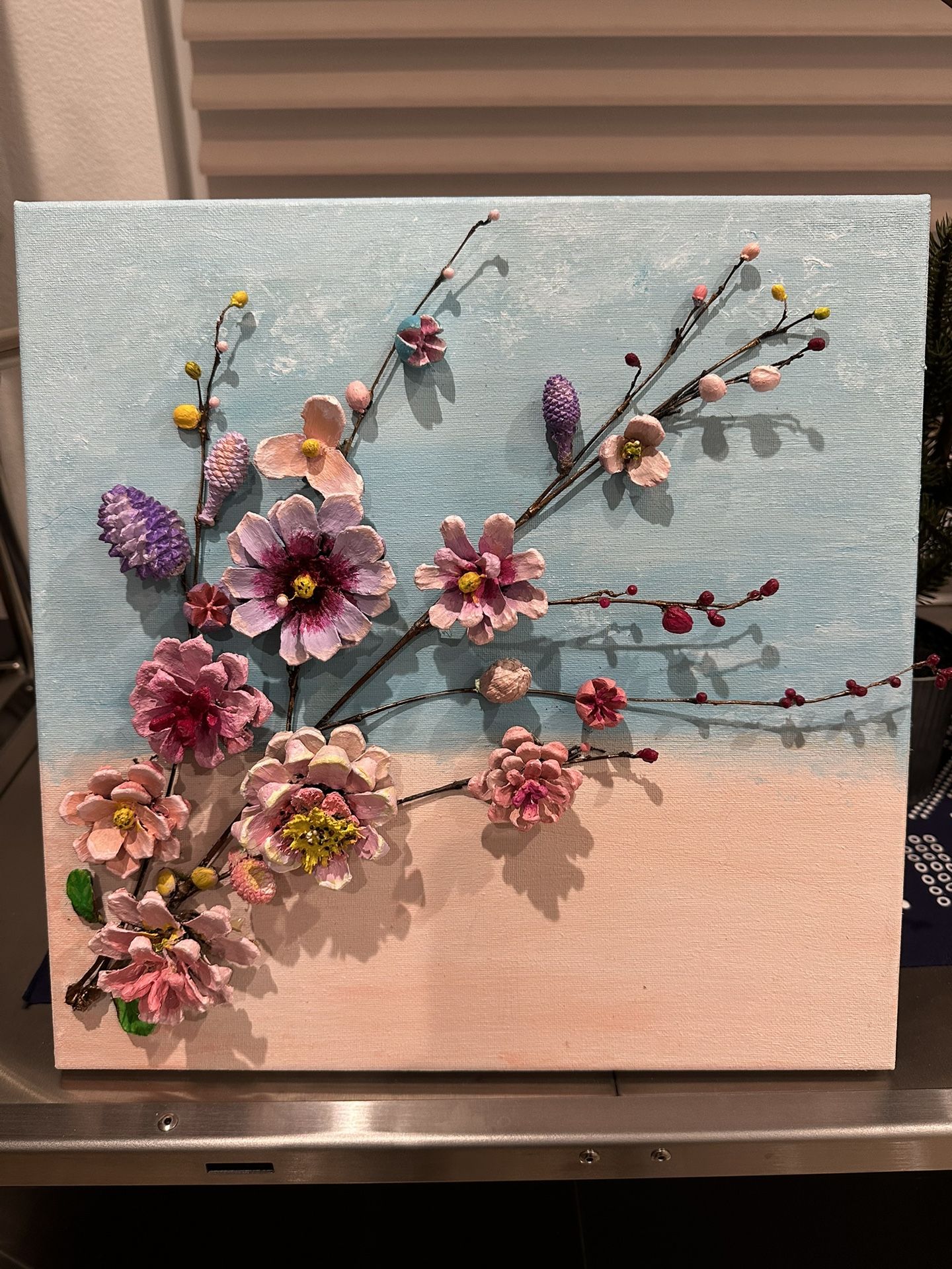 Handmade 3D Floral Canvas Art with organic pinecone red bean green bean yellow bean 14”x14”