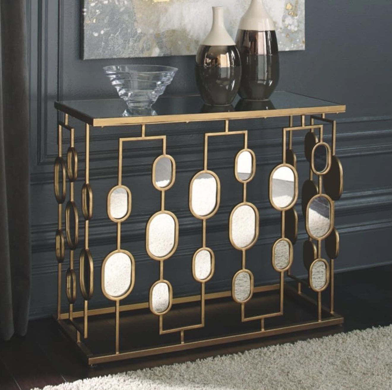 Signature Design by Ashley Majaci Retro Mirrored Glass Top Console Table, Gold Finish
