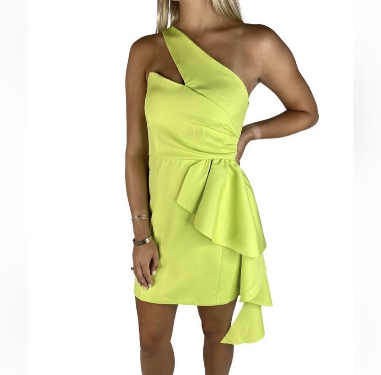 DO+BE One-Shoulder Lime Green Ruffle Mini Dress Medium