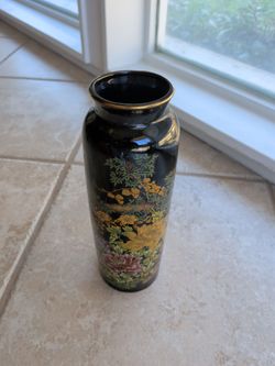 Vintage Japanese Black Ceramic Vase - Gold Trim & Floral Motif