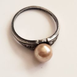 Edwardian Cultured Pearl And Diamond Chips Sterling Silver Ring