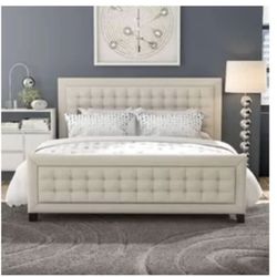 King size tufted upholstered linen beige Footboard and Side rails ONLY (Headboard not included)
