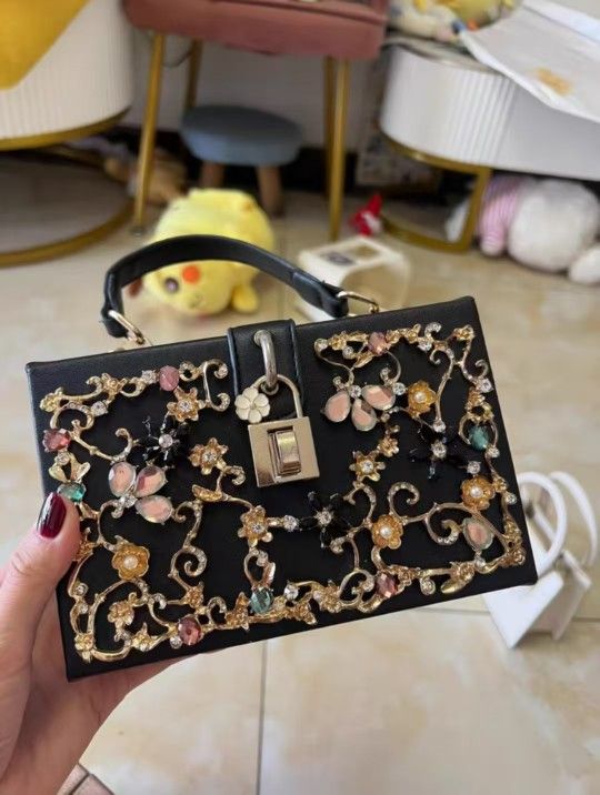 🔥 Brand New! Black Inlaid Diamonds Small Square Bag Golden Hollow Carved Flowers Lock Buckle Bag Handheld Crossbody Party Dating Goddess