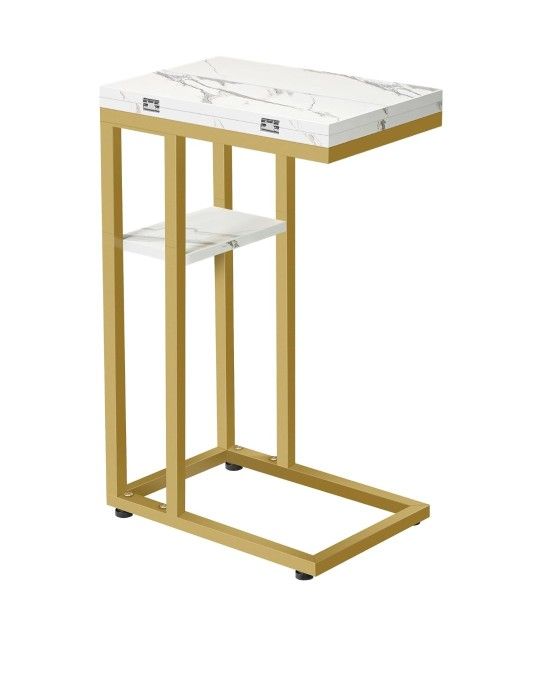 HOOBRO Foldable End Table, Gold C Shaped Side Table with Storage Shelf, Small Snack Table Suitable for Living Room Bedroom Small Spaces, Easy Assembly