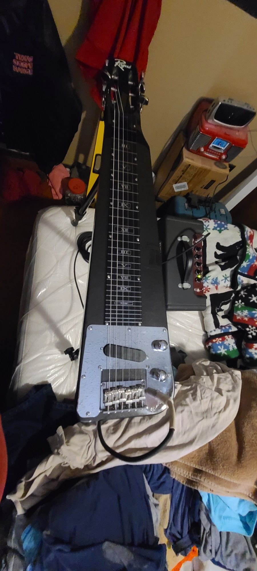 ROGUE LAP STEEL GUITAR WITH STAND PLUS VINTAGE BEHRINGER "FIREBIRD " AMP & EXTRAS
