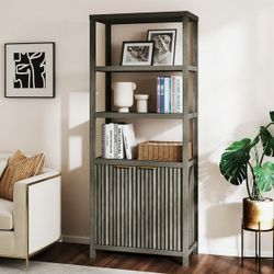 ARKANTOS Fluted Bookshelf with Doors Adjustable Shelf and Storage Cabinet Charcoal Oak