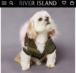 River Island Dog’s Military Green Parka With Pink Faux Fur Collar Hood Size L