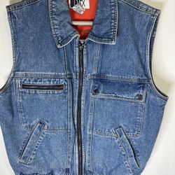 VTG Denim Vest Bloody Red Liner Full ZipWomen's Large DAX Cotton Zipper Pocket Women's Large Denim Blue Jean Vest Full Zip, 4-Pockets Bloody Red Liner