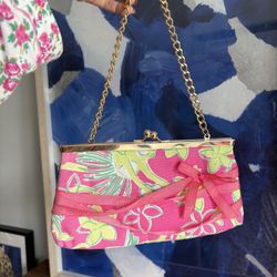 Lilly Pulitzer Pink and green floral clutch bag  with gold chain