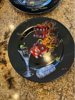 RARE - Michael Godard 'Olive Party' 4 Salad Desert Plates - Unique and Whimsical