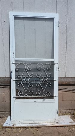 Vintage Storm/Screen Door With Metal Scrollwork Design