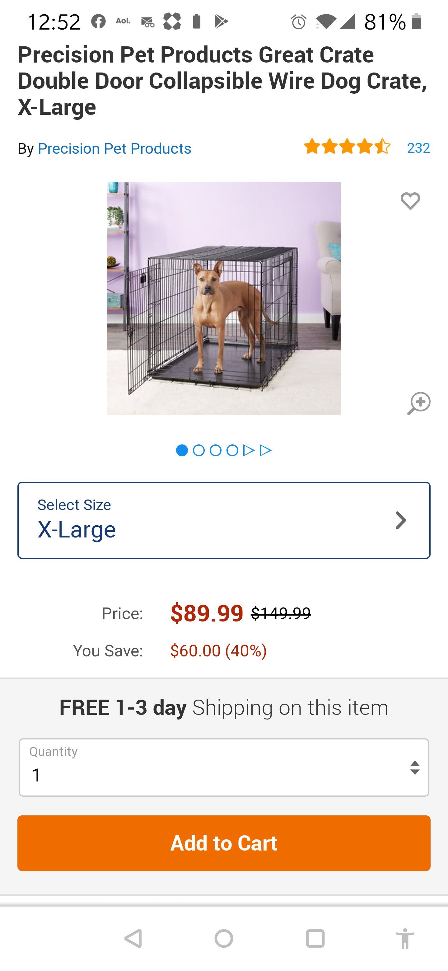 Must go! Dog crate, x-large, double doors, collapsible