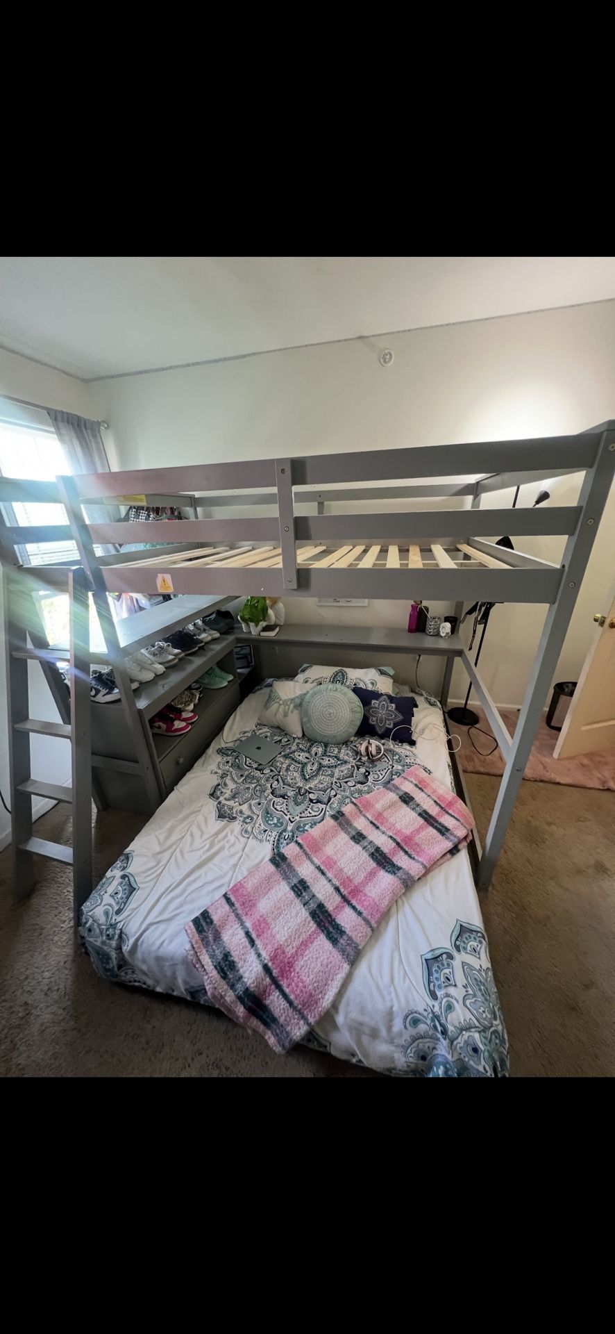 Full Size Loft Bed with Desk and Storage, Solid Wood Loft Bed Frame with Drawers and Shelves, for Kids Teens Adults (Gray)