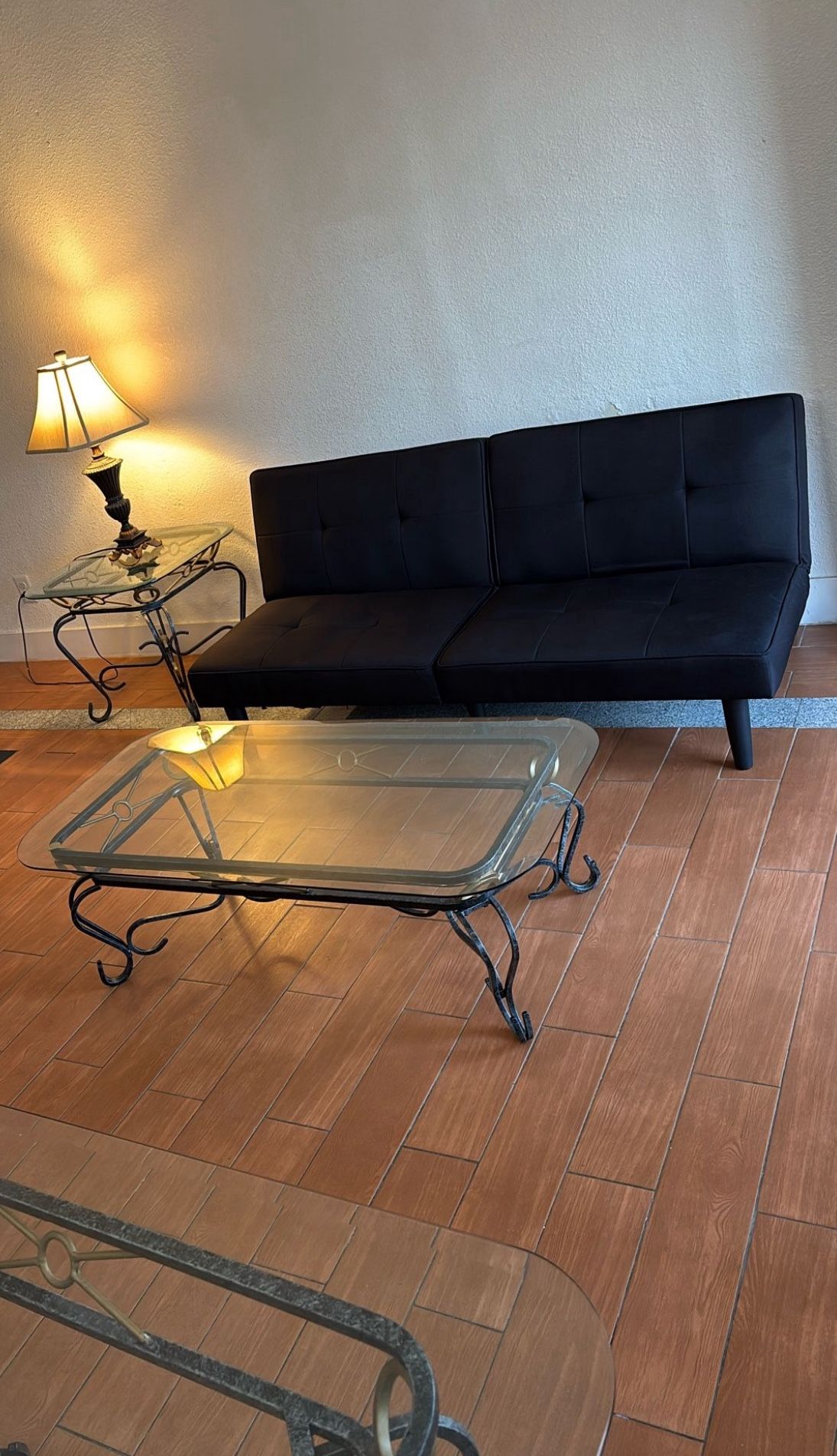 futon And 3 Piece Table Set + lamp