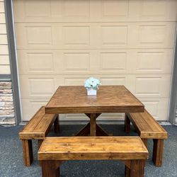 Real Wood Square Dining Kitchen Table With 3 Bench

