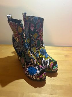 Multicolor Snakeskin Peep-Toe Platform Ankle Boots