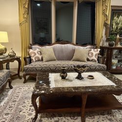 Vintage French Provincial Sofa + Matching Marble Coffee & Side Table 