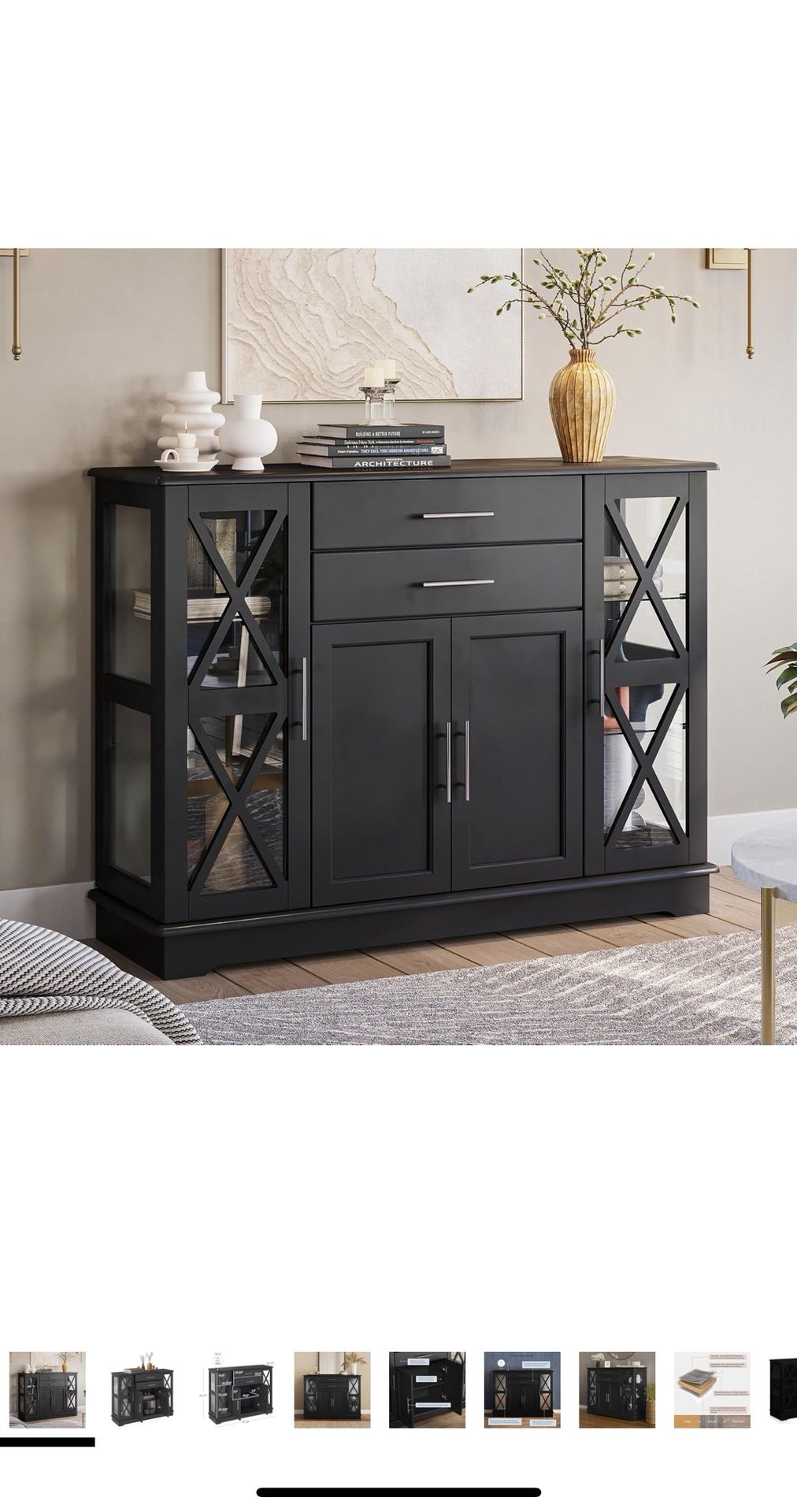 Sideboard Buffet, 47 Inch Storage Console Table Coffee Bar Kitchen Cupboard Pantry Glass Display Cabinet for Lving Entryway D