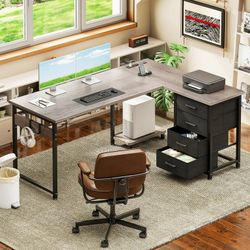 L Shaped Computer Desk with Charging Station, 53 inch PC Table Study Desk 4 Tier Drawers, Modern Simple Style Laptop Desk for Bedroom, Grey Oak