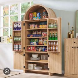 72 Inch Tall Arched Kitchen Pantry Cabinet with 2 Door Shelves Fluted Storage with 3 Adjustable Shelves 2 Hidden Drawer Versatile Cupboard for Kitchen