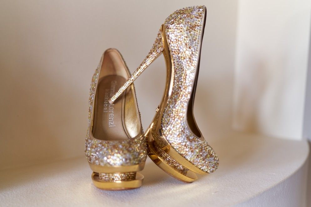 Gianmarco Lorenzi Gold Crystal Discoball Double Platform Pumps 38