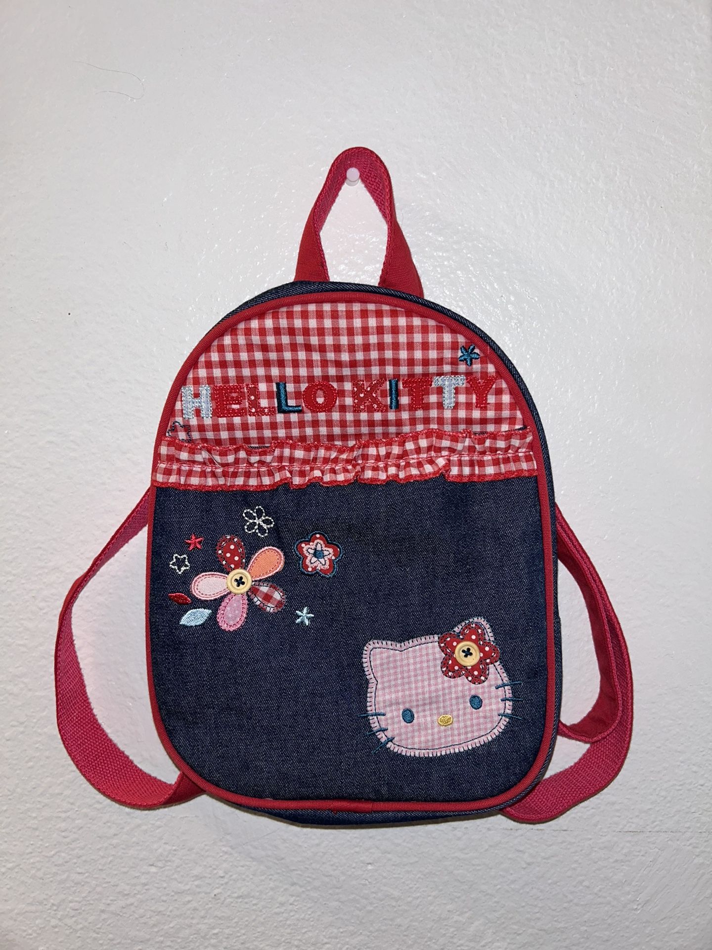 RARE Sanrio Hello Kitty 2008 denim and gingham mini backpack Women’s Kids 8x10”