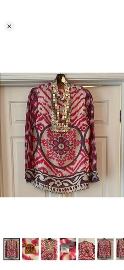 NWT Tory Burch 100% Silk Tunic V-Neck Purple/Pink ikat Print (Size 4)AS IS