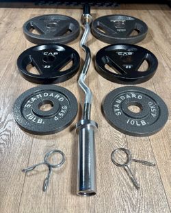Olympic Equipment: Silver Curl Bar With Cooper Bearings & Weight Plates Pairs Of  35s, 25s And 10 Pounds   (Total: 160 lbs)