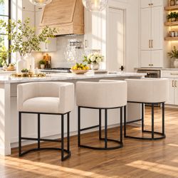 27”H Counter Height Fabric Bar Stools, Linen Color (Set of 3)