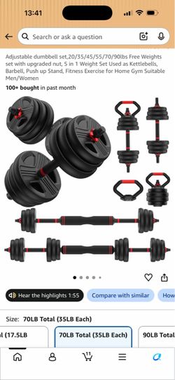 Adjustable dumbbell set,20/35/45/55/70/90lbs Free Weights set with upgraded nut, 5 in 1 Weight Set Used as Kettlebells, Barbell, Push up Stand, Fitnes