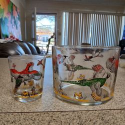 Vintage Hazel-Atlas Pheasant Ice Bucket And Glass