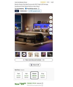 New Bestier Queen Size Bed Frame with LED Storage Headboard $90 OBO