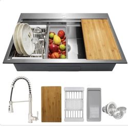 Handmade 33" Topmount Stainless Steel Kitchen Sink - Single Bowl w/ Faucet & Accessory
