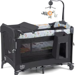 in 1 Pink Pack and Play, Baby Bedside Sleeper with Bassinet, 3 Adjustable Heights, Music Box, Easy to Install, Foldable Bedside Crib w/Changing Table,