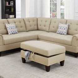 BEIGE LINEN POLYFIBER 3PC SET STORAGE-SECCIONAL SILLON