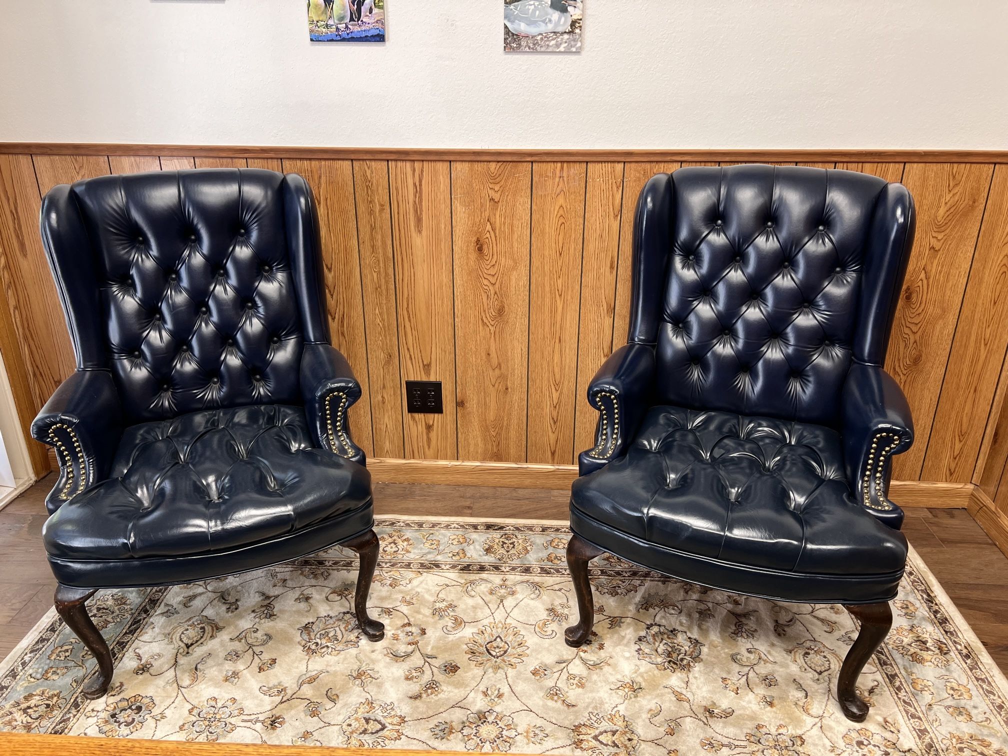 Set Of 2 Vintage Blue Tufted Leather Chairs