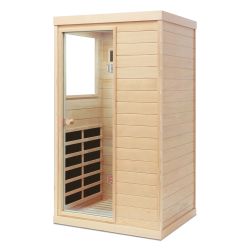 Hemlock Mini one person far infrared door on the left of the indoor sauna room