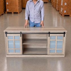 New In Box 59x16x27.5 Inch Tall TV Television Entertainment Center Stand Cabinet With Adjustable Shelf Sliding Glass Doors 