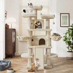 Amolife Extra Large 68" Indoor Cat Tree and Tower, Condo House with Scratching Board and Thick Posts, Beige