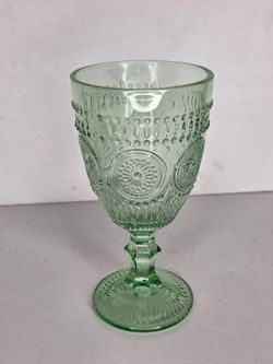 Vintage Green Pressed Glass Goblet Embossed Medallion Beaded Water Wine Chalice